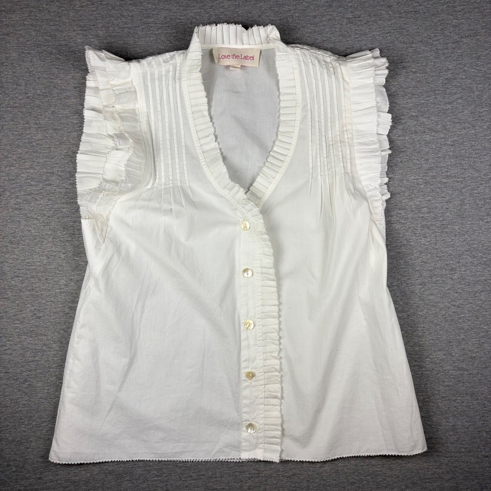 Love the Label Dana Top Womens XS White Sleeveless Ruffle Pleated V-Neck Top